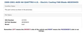 4b3959455 Audi 2000-2001 A6 Quattro 4.2l - Electric Cooling Fan Blade #3