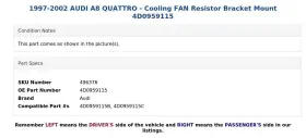 4d0959115 Audi 1997-2002 A8 Quattro - Cooling Fan Resistor Bracket Mount #3