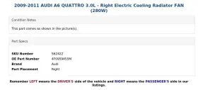 4f0959455m Audi 2009-2011 A6 Quattro 3.0l - Right Electric Cooling Radiator Fan 280w #3