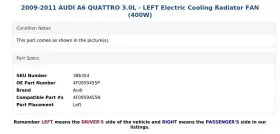 4f0959455p Audi 2009-2011 A6 Quattro 3.0l - Left Electric Cooling Radiator Fan 400w #3