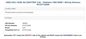 4f1971284r Audi 2009-2011 A6 Quattro 3.0l - Radiator Fan Wire / Wiring Harness #3
