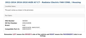 4h0121003n Audi 2012-2014 2016-2018 A7 C7 - Radiator Electric Fan Cowl / Housing #3