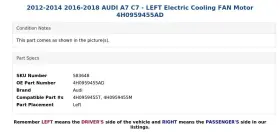 4h0959455ad Audi 2012-2014 2016-2018 A7 C7 - Left Electric Cooling Fan Motor #3