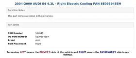8e0959455h Audi 2004-2009 S4 4.2l - Right Electric Cooling Fan #3
