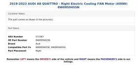 8w0959455n Audi 2019-2023 A8 Quattro - Right Electric Cooling Fan Motor 600w #3