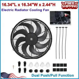 624-66 Bettercloud Universal 16 Inch Black Slim Radiator Cooling Fan 12v 100w Push Pull With Mount