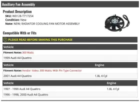 W0128-t717254 Marketplace Auto Parts Radiator Auxiliary Cooling Fan Motor Assembly - 300 Watts With Pin Type Conn #2