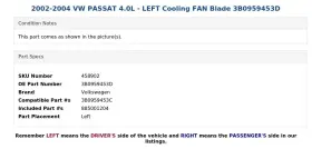 3b0959453d Volkswagen 2002-2004 Vw Passat 4.0l - Left Cooling Fan Blade #3