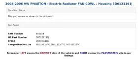 3d0121191j Volkswagen 2004-2006 Vw Phaeton - Electric Radiator Fan Cowl / Housing #3