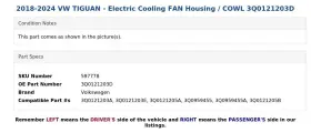 3q0121203d Volkswagen 2018-2024 Vw Tiguan - Electric Cooling Fan Housing / Cowl #3
