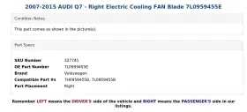 7l0959455e Volkswagen 2007-2015 Audi Q7 - Right Electric Cooling Fan Blade #3